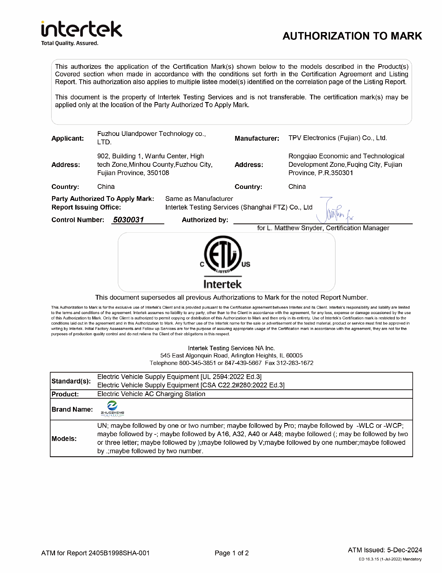 ETL Safety Certification